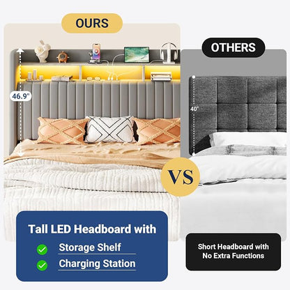 Allewie King Size Lift Up Hydraulic Storage Bed Frame, 2-Tier Shelf Headboard with LED Lights and Charging Station, USB and Type C Ports, Wingback Velvet Headboard, No Box Spring Needed, Gray