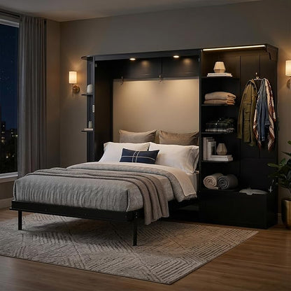 Murphy Bed Queen Size,Murphy Bed with Storage & Lights,Wall Bedframe w/Hidden Fold-Out Legs & Built-in Shelves & Cabinets，Hook,Space-Saving,Black