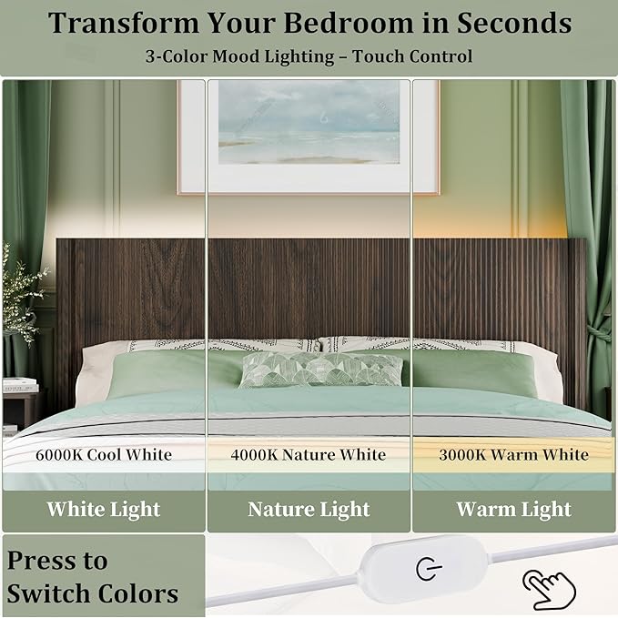 King Size Headboard Only, Modern Fluted Wall-Mounted Head Board with Lighting, Boho Wood Bed headboard Stylish Bedroom Decor, Espresso