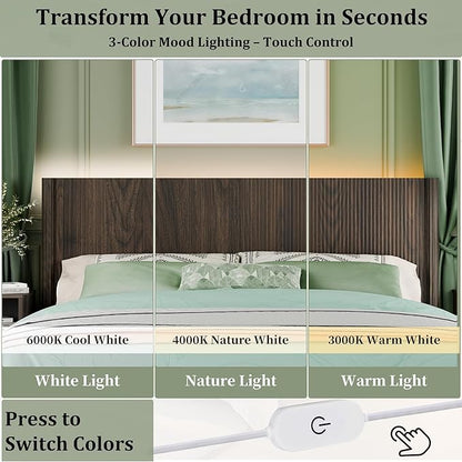 King Size Headboard Only, Modern Fluted Wall-Mounted Head Board with Lighting, Boho Wood Bed headboard Stylish Bedroom Decor, Espresso