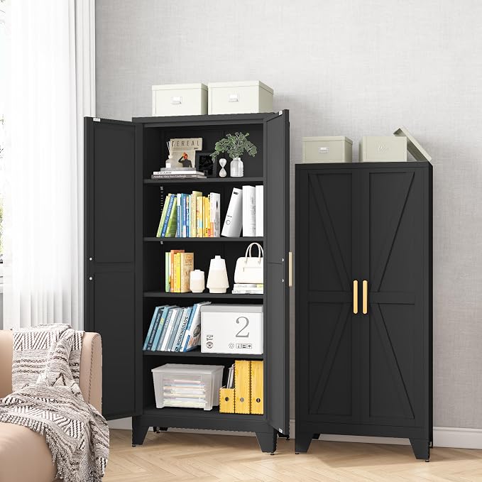 Baborokic 71H Tall Metal Storage Cabinet with 2 Doors and Adjustable Shelves,Farmhouse Storage Cabinet with Barn Doors,Pantry Storage for Home,Office,Bathroom,Dining Room,Kitchen(Black)