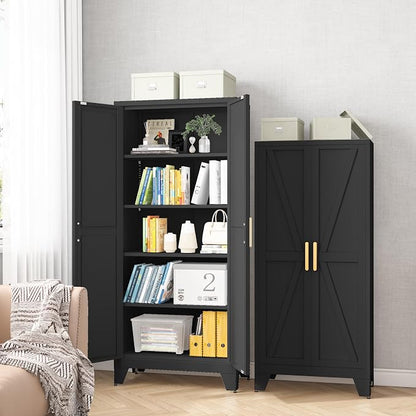 Baborokic 61H Metal Storage Cabinet with 2 Doors and Adjustable Shelves,Farmhouse Storage Cabinet with Barn Doors,Pantry Storage for Home,Office,Dining Room,Kitchen(Black)
