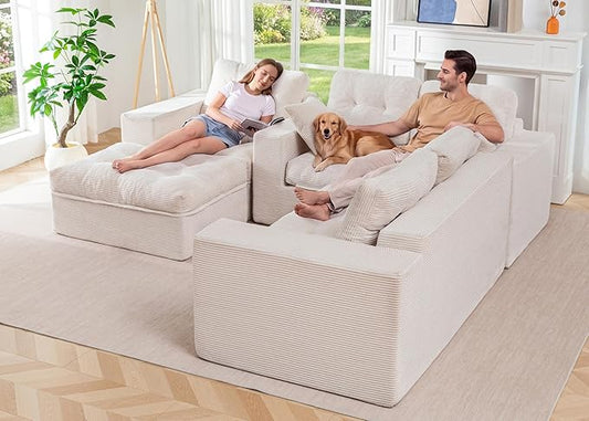 MAXYOYO Modular Sectional Sofa with Ottoman and Loveseat, Cloud Boneless Couch with Layered Cushion, Flexible Module Combination Sofa for Living Room, No Assembly Required,Beige