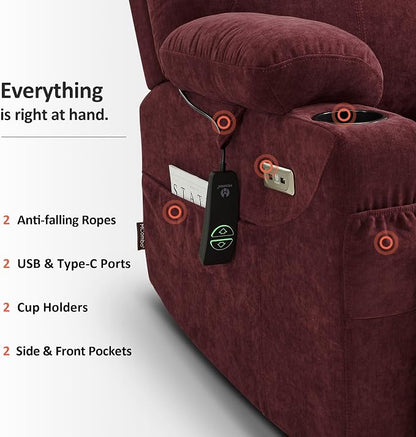 MCombo Power Lift Recliner Chair for Elderly R7510(Sangria, Large-Wide) | Oversized for Big and Tall, Heat and Massage, USB& Type C Charging Port, FSC Certified