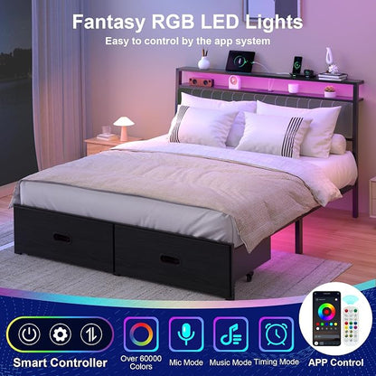 Full Bed Frame with 2 Drawers, Platform Bed Frame with LED Lights and Charging Station, Upholstered Headboard, Heavy Duty Metal Slats, No Box Spring Needed, Noise Free, Easy Assembly