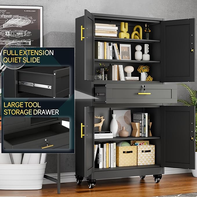 PAOFIN Metal Tall Storage Cabinet with Drawer, Garage Storage Cabinet with Locking Doors and 3 Adjustable Shelves, 71" H Steel Cabinets for Garage, Home, Office, Black, Assembly Required