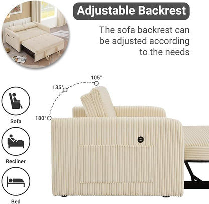 55.5" Corduroy Convertible Sofa Bed, Pull Out Sleeper Sofa Bed, Loveseat Couch with USB Charging Ports, 3 in 1 Convertible Sleeper Sofa Bed for Living Room, Apartment, Bedroom, RV, Beige