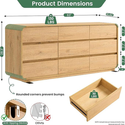 Standifurno Natural Dresser for Bedroom with 9 Drawers, 63" Wide Modern Drawers with Curved Design, Wood Drawer Organizer for Living Room, Hallway