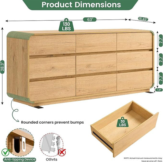 Standifurno Natural Dresser for Bedroom with 9 Drawers, 63" Wide Modern Drawers with Curved Design, Wood Drawer Organizer for Living Room, Hallway