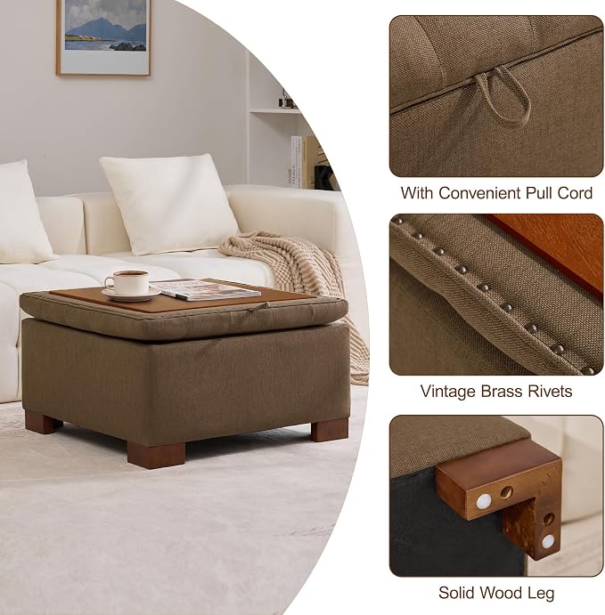 WUTUTUEE 30" Fabric Square Storage Ottoman with Wooden Tray, Modern Tufted Button Footstool Coffee Table, Upholstered Large Ottoman for Living Room, Bedroom, Brown