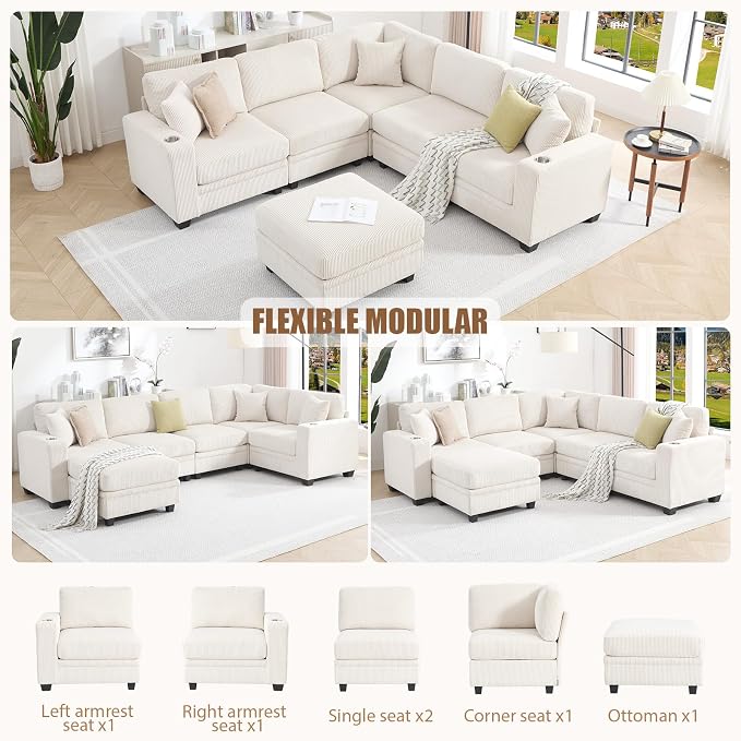 97" Modular Sectional Sofa with Storage, Corduroy 6-Seater V-Shaped Sofa with Ottoman Chaise, Convertible L-Shaped U-Shaped Cloud Sectional Couches for Living Room, Apartment
