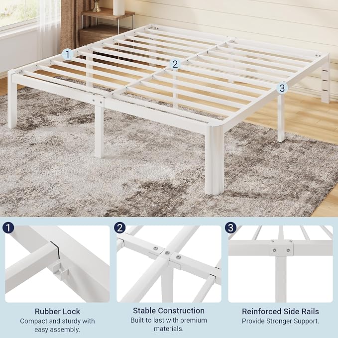 Allewie Metal King Size Bed Frame, 14 Inch 3500LBS Heavy Duty Platform Bed with Rounded Corner & Under Bed Space, No Box Spring Needed, Noise Free, Easy Assembly, White