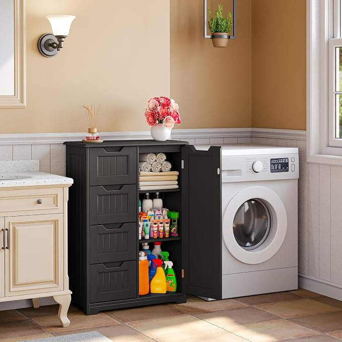 Gizoon Small Pantry Cabinet with Door and Shelves, 33'' Kitchen Pantry Cabinet Freestanding Wooden Bathroom Storage Cabinet with 4 Drawers for Kitchen and Dining Room, Black, Painted