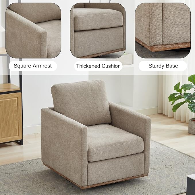 Swivel Accent Chair, 360 Degree Square Swivel Chair for Living Room, Mid Century Modern Upholstered Barrel Chair,Comfy Sofa Armchairs for Bedroom,Nursery,Chenille, Taupe