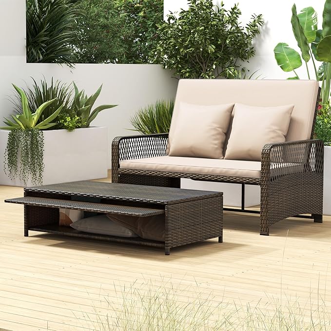 Tangkula Patio Rattan Daybed with 4-Level Adjustable Backrest, 2-Person Outdoor Wicker Loveseat with Storage Ottoman & Soft Cushions, Double Sunbed Lounger for Backyard, Porch, Poolside (Beige)