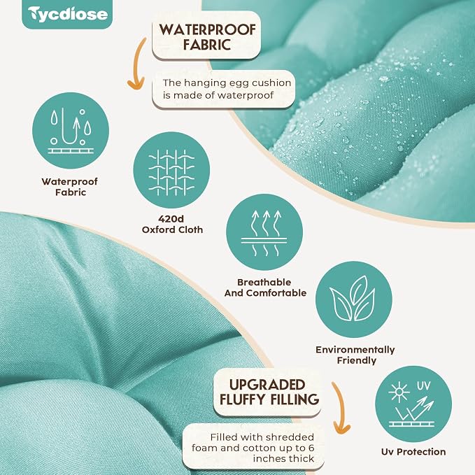 Outdoor Hanging Egg Chair Cushion Replacement, Thicken Egg Chair Cushion Waterproof Basket Eggs Chairs Cushion with Headrest Pillow, U-Shaped Cushions for Hanging Eggs Chairs Swing (Teal)