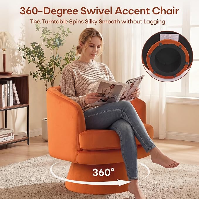 CANMOV Swivel Accent Chair with Armrest Set of 2, Modern 360 Degree Swivel Barrel Chair with Curve Back and Soft Cushion, Comfy Velvet Round Armchair Single Sofa for Living Room, Waiting Room, Orange