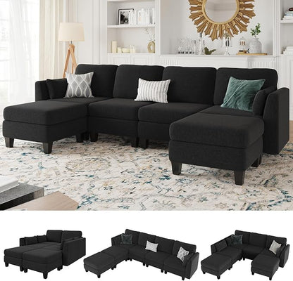 Modular Sectional Sofa, 6 Seaters Modular Sleeper Sofa Couch, Comfy Sectionals Couches Bed, Convertible Sofas with Ottomans, Sectional Couches for Living Room, Black