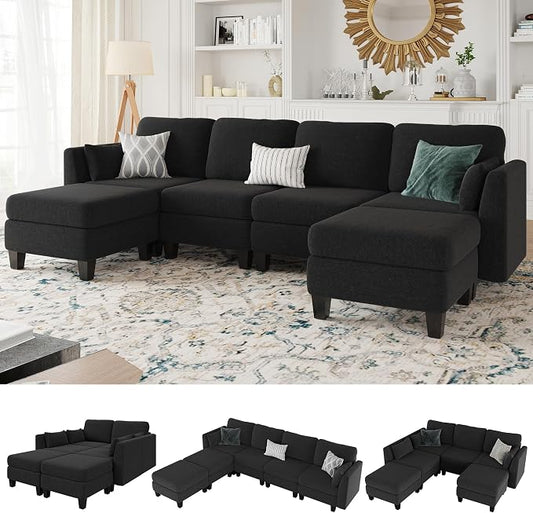 Modular Sectional Sofa, 6 Seaters Modular Sleeper Sofa Couch, Comfy Sectionals Couches Bed, Convertible Sofas with Ottomans, Sectional Couches for Living Room, Black