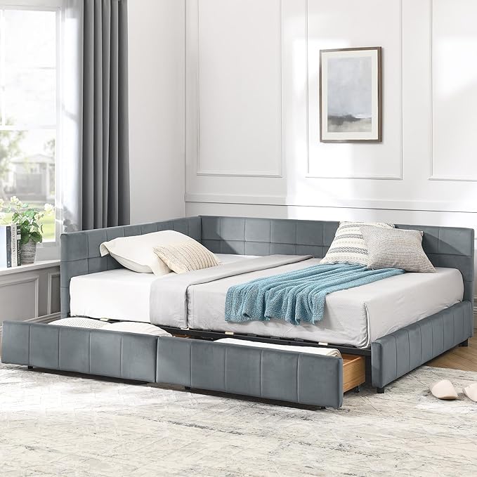 Bellemave Full Size Corner Bed Frame with Storage Drawers, Comfortable Backrest and Armrests, Velvet Tufted Corner Bed Frame Full Size, Upholstered Daybed for Bedroom, Living Room, Guest Room, Gary
