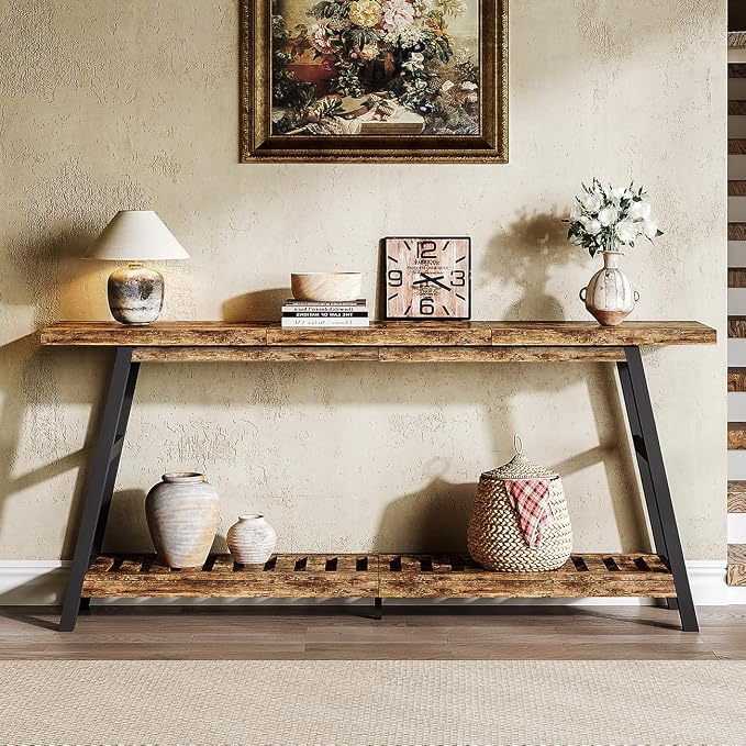 ChooChoo 70.9 Inch Long Console Tables for Entryway, Wood 2-Tier Entry Hallway Table, Narrow Sofa Table Behind Couch Table for Living Room, Entrance, Rustic Brown