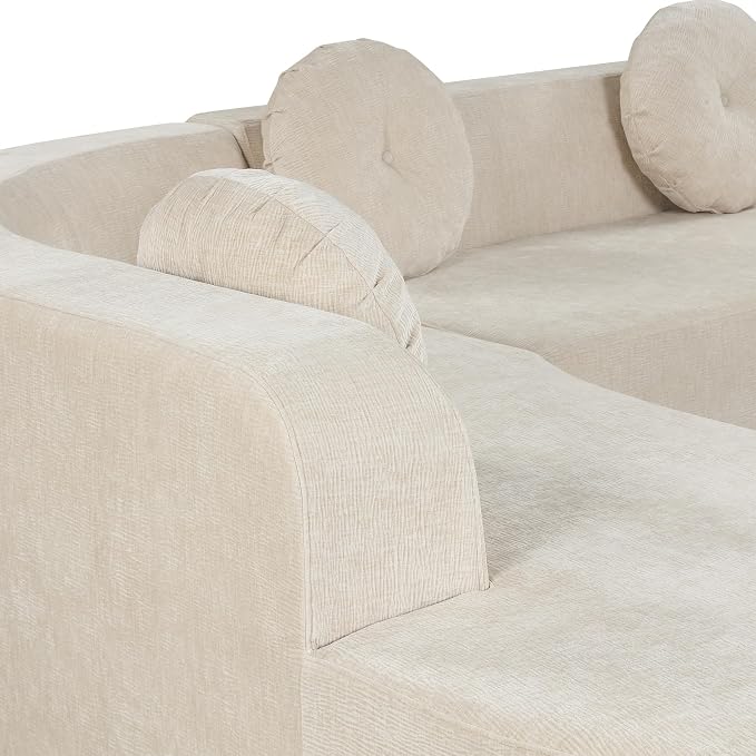 122'' Sectional Sofa,Extra Large Sofa with Soft Fabric Upholstery, Elegant Curved Design with Three Round Cushions, High-Resilience Foam for Ultimate Comfort,Sand