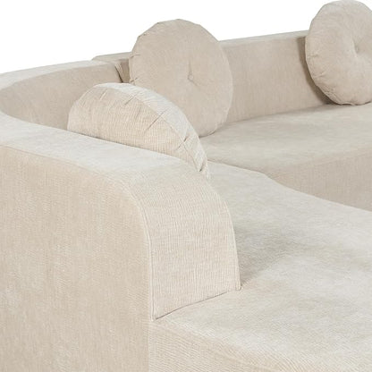 122'' Sectional Sofa,Extra Large Sofa with Soft Fabric Upholstery, Elegant Curved Design with Three Round Cushions, High-Resilience Foam for Ultimate Comfort,Sand
