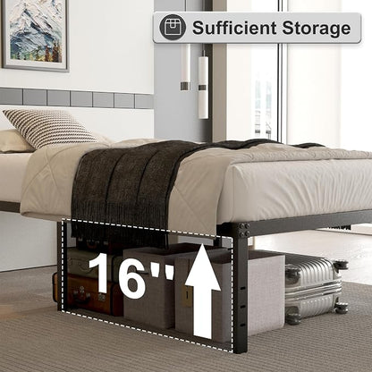 Cieemine 18 Inch Queen Bed Frame with Black Bed Cover, Metal Bed Frames Queen Size No Box Spring Needed, Heavy Duty Mattress Foundation, Easy Assembly, Noise Free
