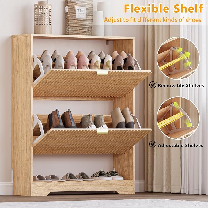 BORNOON Shoe Cabinet with 2 Flip Drawers, Fluted Shoe Storage Cabinet with Adjustable Shelves, Freestanding Rack and Organizer for Entryway, Hallway