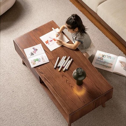100% Solid Wood Coffee Table with Storage, Mid Century Modern Coffee Tables for Living Room, 39.37" W Coffee Table with 2 Drawers for Home (Oak Walnut Colour)