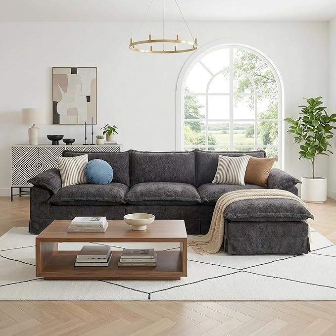 Claiks 123" Modular Boneless Couch, L Shaped Couch for Living Room, Modern Deep Seat Sofa 3 Seater Chenille Fabric Comfy Cloud Couches with Movable Ottoman, Dark Grey