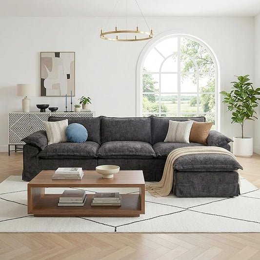 Claiks 123" Modular Boneless Couch, L Shaped Couch for Living Room, Modern Deep Seat Sofa 3 Seater Chenille Fabric Comfy Cloud Couches with Movable Ottoman, Dark Grey