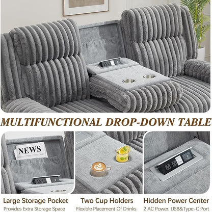 Oversized Reclining Sofa with Flip-Up Middle Backrest, Manual 3 Seater Recliner Sofa, Wall Hugger Recliner Couch with Outlets/USB Ports for Living Room, Bedroom(Gray, Sofa)