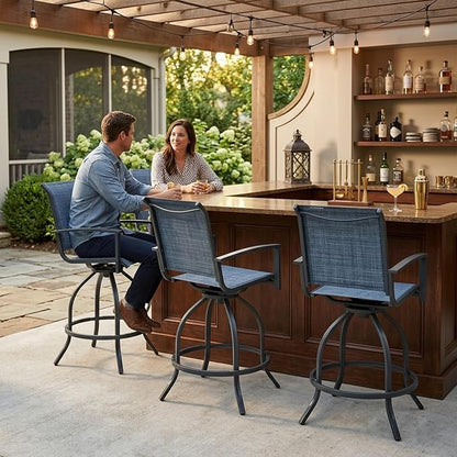 Kozyard Outdoor Swivel Bar Stools Set of 2, 360° Swivel Counter-Height Patio Bar Chairs with High Back, Powder-Coated Steel Frame & Textilene Fabric for Backyard, Balcony, Kitchen Island Navy Blue