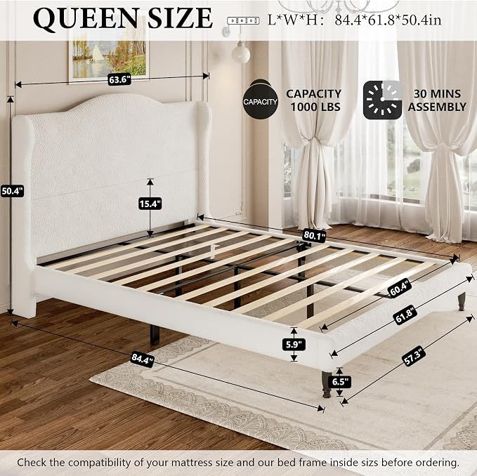Queen Bed Frame with Wingback Headboard, Upholstered Boucle Platform Bed Frame, Solid Wooden Slats Support, Noise-Free, No Box Spring Needed, Soft Cloud Bed for Bedroom, Cream