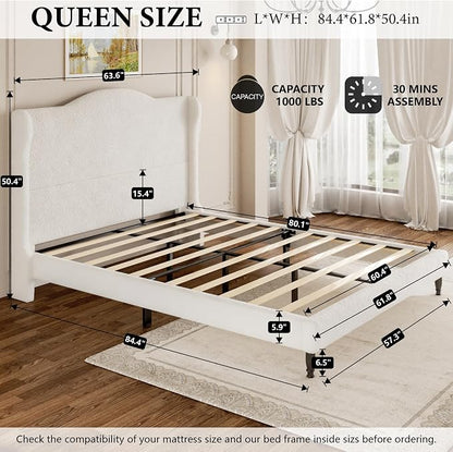 Queen Bed Frame with Wingback Headboard, Upholstered Boucle Platform Bed Frame, Solid Wooden Slats Support, Noise-Free, No Box Spring Needed, Soft Cloud Bed for Bedroom, Cream