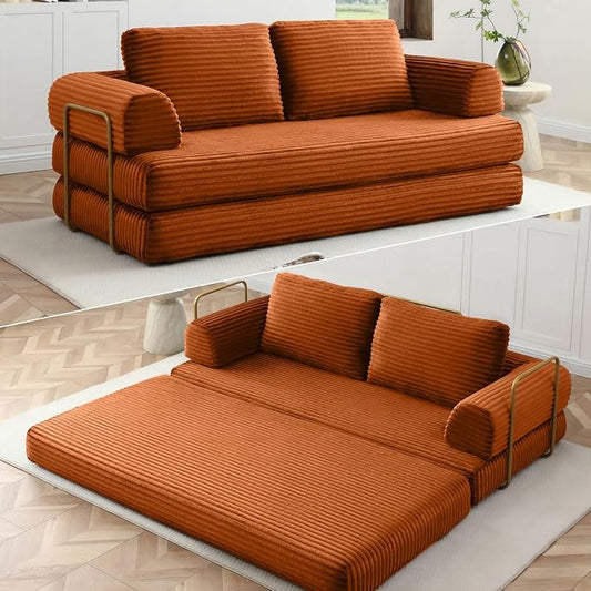 HANXIN 80 Inch Convertible Sleeper Sofa Bed, High Back Plush Corduroy Folding Floor Mattress Couch with Fixed-Shape Frame, Boneless Futon Loveseat with Pull Out Bed, No Assembly Required (Orange)