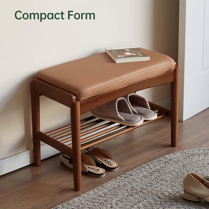 Solid Wood Shoe Bench (Assembled), 600lb Weight Capacity, Durable Cloud-Soft Leather Upholstered Entryway Bench for Entryway, Hallway, Living Room, Bedroom,11.8"x23.6"x16.5", Walnut