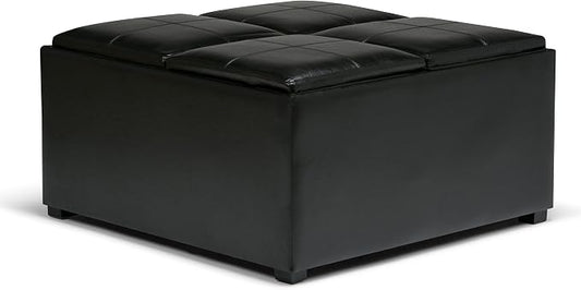SIMPLIHOME Avalon Wide Contemporary Square Coffee Table Storage Ottoman, Midnight Black, Table Ottoman