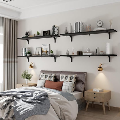 12 Inch Deep Floating Shelves Set of 4, 48 Inch Wide Black Solid Wood Wall Shelves, 4ft Heavy Duty Farmhouse Wall Mounted Shelving for Kitchen, Living Room & Bedroom