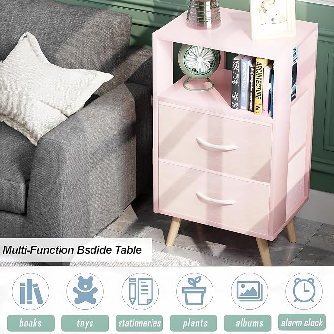 Aenuert Night Stand, Pink Nightstand with 2 Fabric Drawers, Wooden Side Table with Open Storage, 3-Tier Modern End Table, Bedside Table for Small Space, Living Room, Bedroom