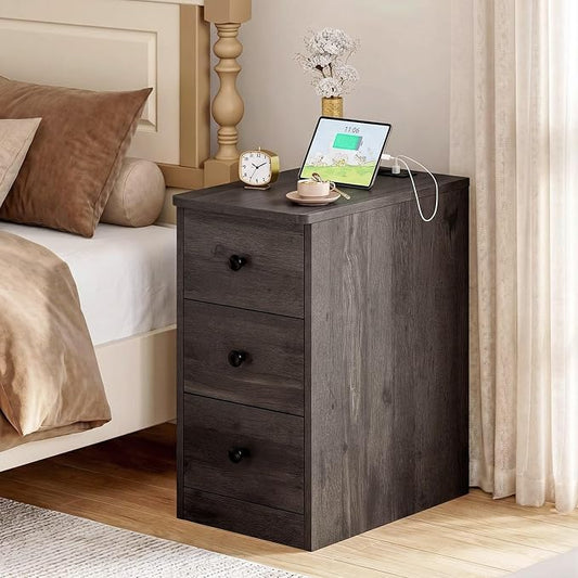 LIKIMIO Nightstand with Charging Station, Narrow Bedside Table with 3 Drawers, End Table with USB Ports and Outlets, Side Table for Living Room/Bedroom Modern, Charcoal Grey