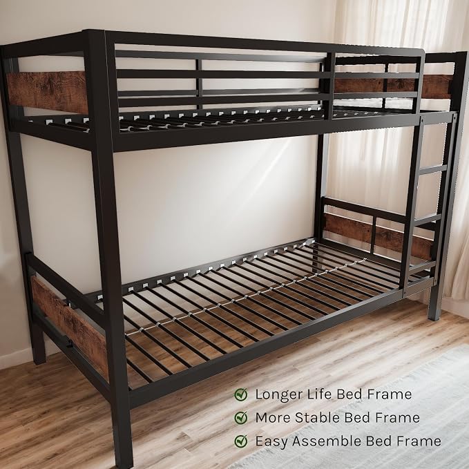 Bunk Bed Twin Over Twin, Heavy Duty Metal Bunkbeds with Full-Length Guardrail, Space-Saving Steel Bed for Kids & Adults, No Box Spring Required, Rustic Brown
