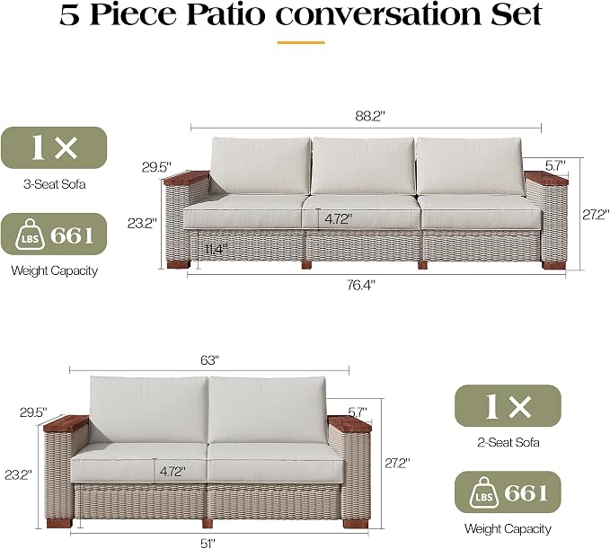 PaPaJet 5-Piece Wicker Patio Furniture Set with Solid Wood Armrest, Outdoor Patio Set with Thick Legs, UV-Resistant Modular Outdoor Sectional Sofa for Backyard, Porch, Garden