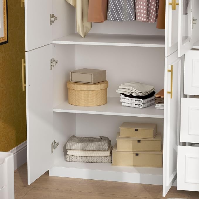 Timechee Almirah for Clothes Combination, White Wardrobe Closet Bedroom Storage Cabinets with Tempered Glass Doors and Shelves, Armoire with Drawers, Large Standing Wardrobe Storage Closet for Bedroom