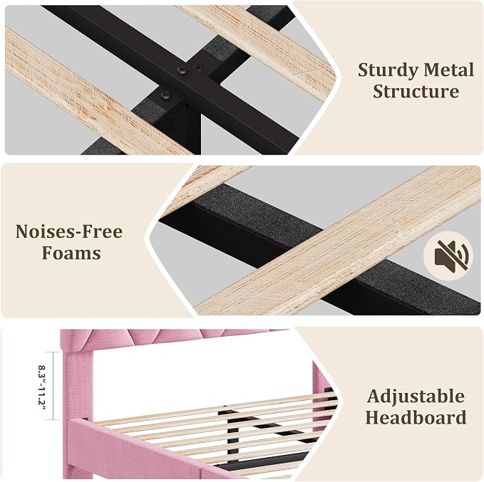 GAOMON Pink Twin XL Bed Frame with Upholstered Headboard, Heavy-Duty Platform Bed Frame with Strong Wood Slats, No Box Spring Needed/Noise Free/Easy Assembly