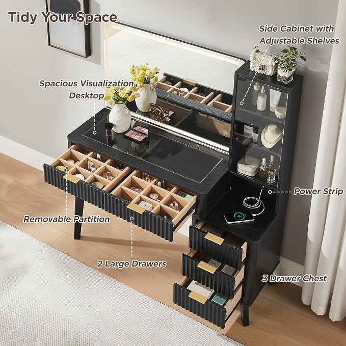 T4TREAM 48" Fluted Makeup Vanity Desk with Large 36" Mirror and Lights, Modern Glass Top Big Vanity Table w/5 Drawers & Adjustable Shelves, Dressing Table w/Charging Station for Bedroom, Black