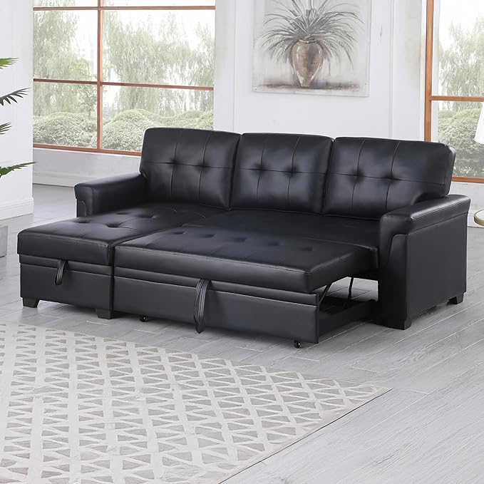 Lilola Home Lucca 84" Reversible Sleeper Sectional Sofa with Pull-Out Bed & Storage Chaise, Black Vegan Leather, Tufted Back, Modern Compact Couch for Living Room, Easy Assembly