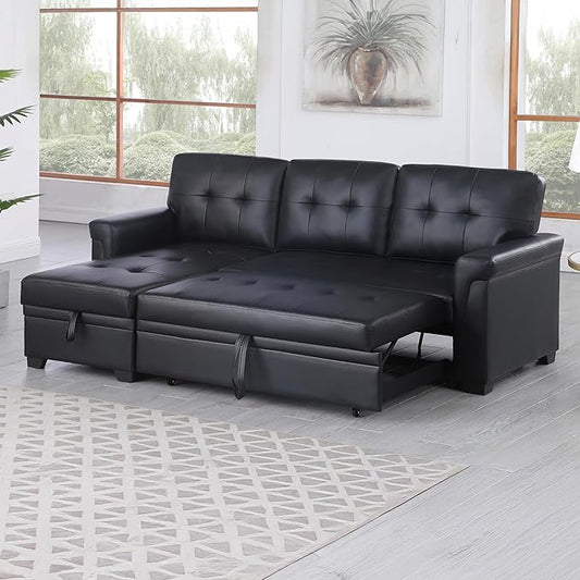 Lilola Home Lucca 84" Reversible Sleeper Sectional Sofa with Pull-Out Bed & Storage Chaise, Black Vegan Leather, Tufted Back, Modern Compact Couch for Living Room, Easy Assembly