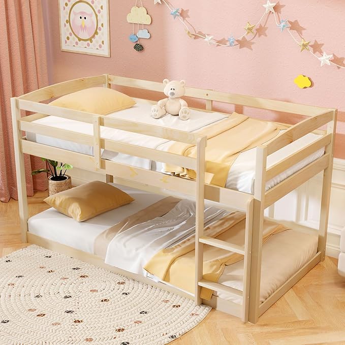 Giantex Twin Low Bunk Bed, Solid Wood Twin Over Twin Bunk Bed Frame with Full Guardrails & Integrated Ladder, Floor Twin Bunk Beds for Kids Boys and Girls, No Box Spring Needed, Natural